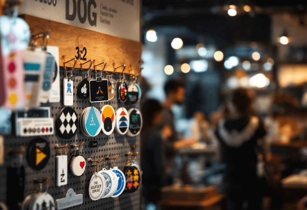 boutique pop-up avec stickers doming exposés sur panneau